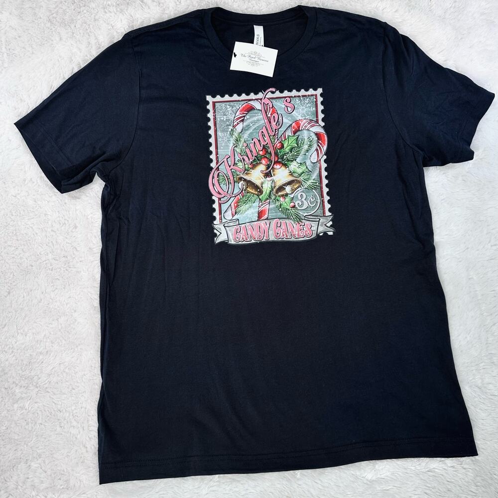 Christmas Holiday Old Time Stamp Graphic T Shirt Adult XL Black Short Sleeve